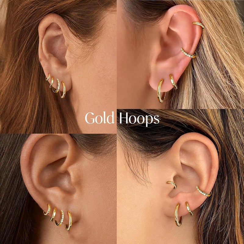 Poxtex Small Gold Huggie Hoop Earrings Set for Women Men Hypoallergenic 14K Plated Stack Cartilage Earrings, Multiple Piercing Lightweight Mini Thin Cute Dainty Trendy Jewelry Set Christmas Gifts for Women - Image 4